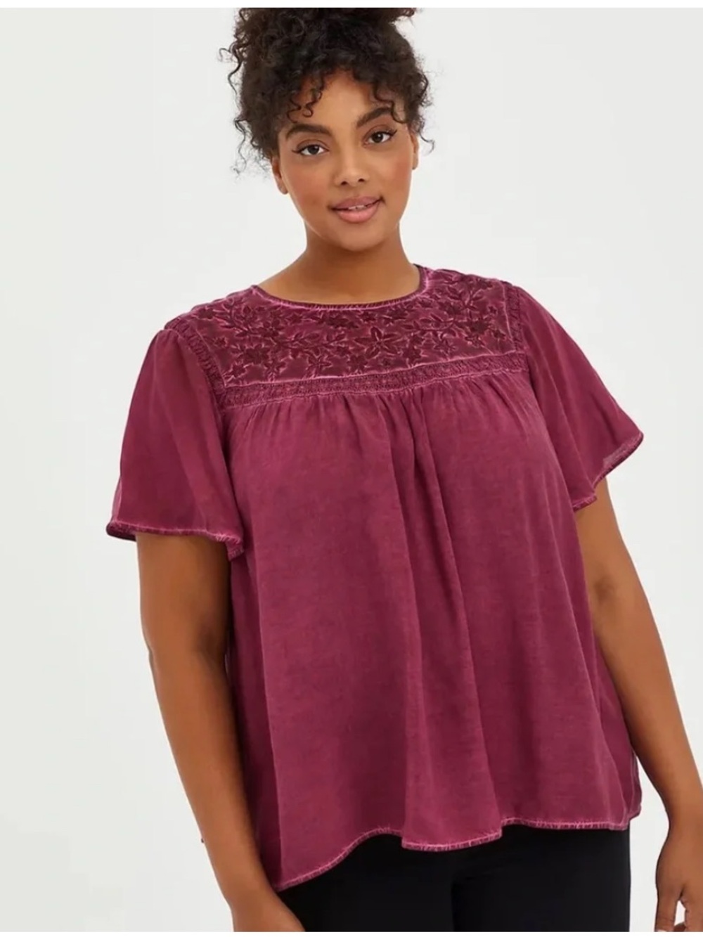 Torrid wine short sleeve challis embroidered blouse size 4X - Picture 1 of 5